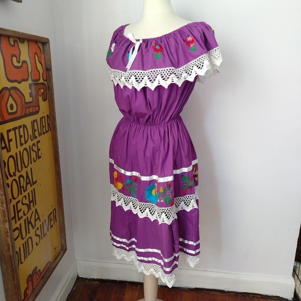 Vintage Purple Mexican Embroidered Dress